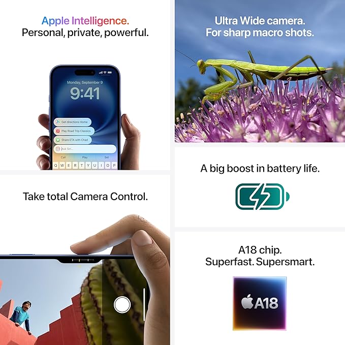 Apple iPhone 16 512 GB: 5G Mobile phone with Apple Intelligence, Camera Control, A18 Chip and a Big Boost in Battery Life. Works with AirPods; Ultramarine